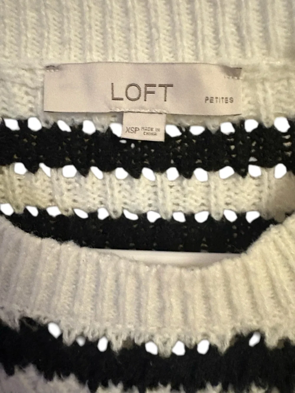 LOFT Black & Cream Striped Ruffle-Shoulder Crewneck Sweater - Picture 3 of 3